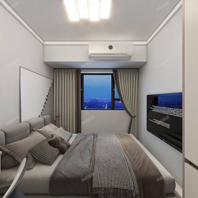 明るい色のワードローブを備えたモダンなスタイルのセカンドベッドルーム