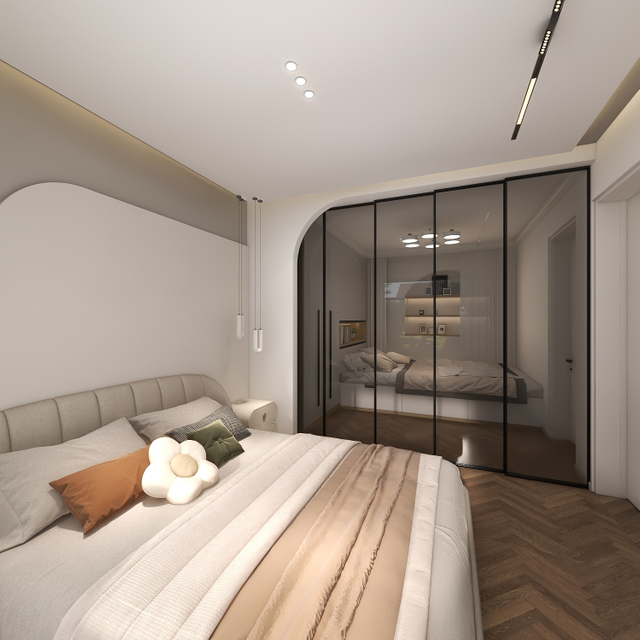 ホワイトワードローブアークシェイプデザインベッドルーム