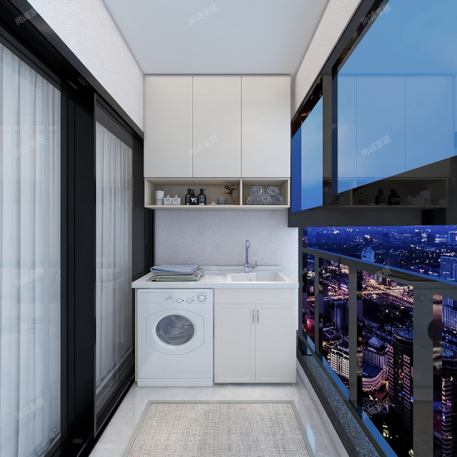 スライディングドアを備えたモダンなスタイルの線形バルコニー